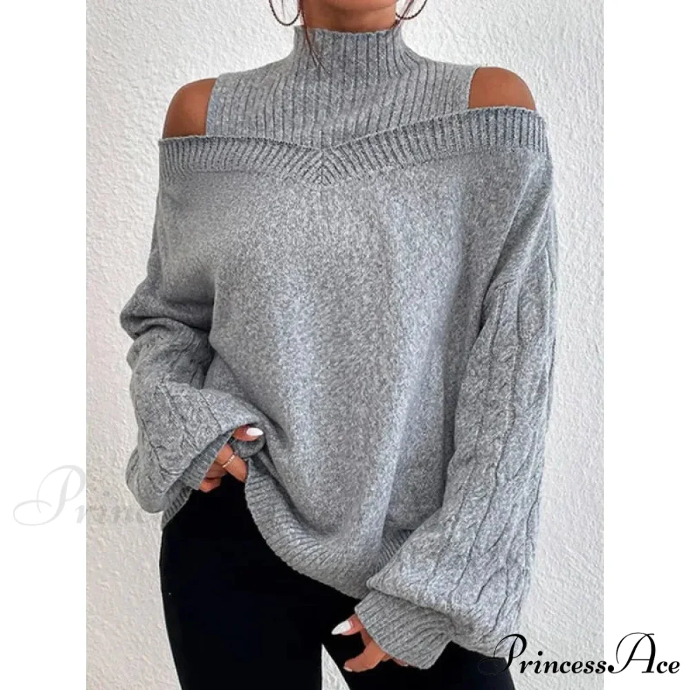 Off Shoulder Partially High Neck Knit Sweater - Image 5