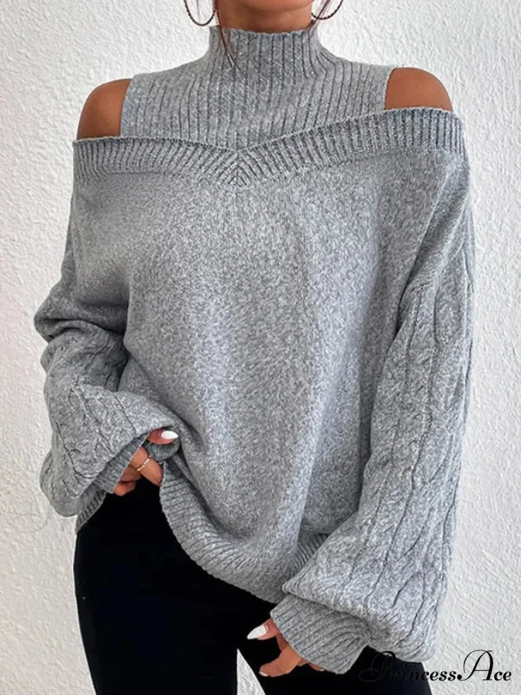 Off Shoulder Partially High Neck Knit Sweater - Image 6