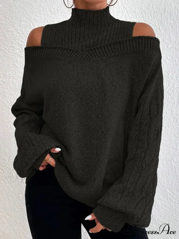 Off Shoulder Partially High Neck Knit Sweater - Image 7