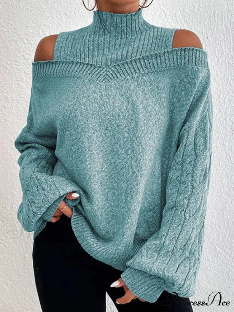 Off Shoulder Partially High Neck Knit Sweater - Image 8