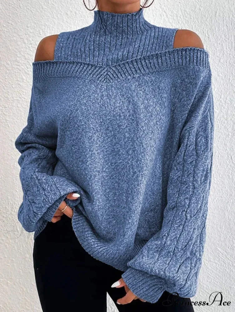 Off Shoulder Partially High Neck Knit Sweater - Image 9