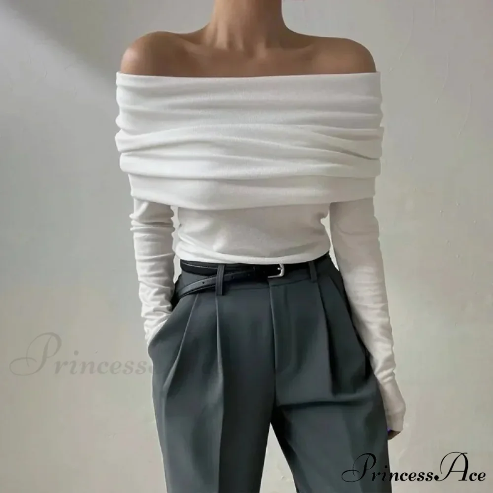 Off-Shoulder Sleek Long Sleeve Pleated Jumper