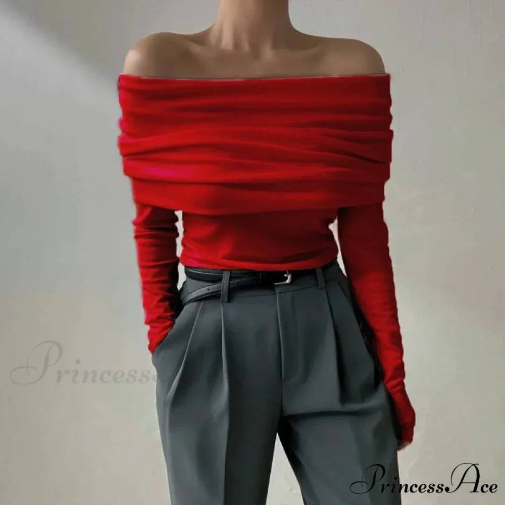Off-Shoulder Sleek Long Sleeve Pleated Jumper - Image 5