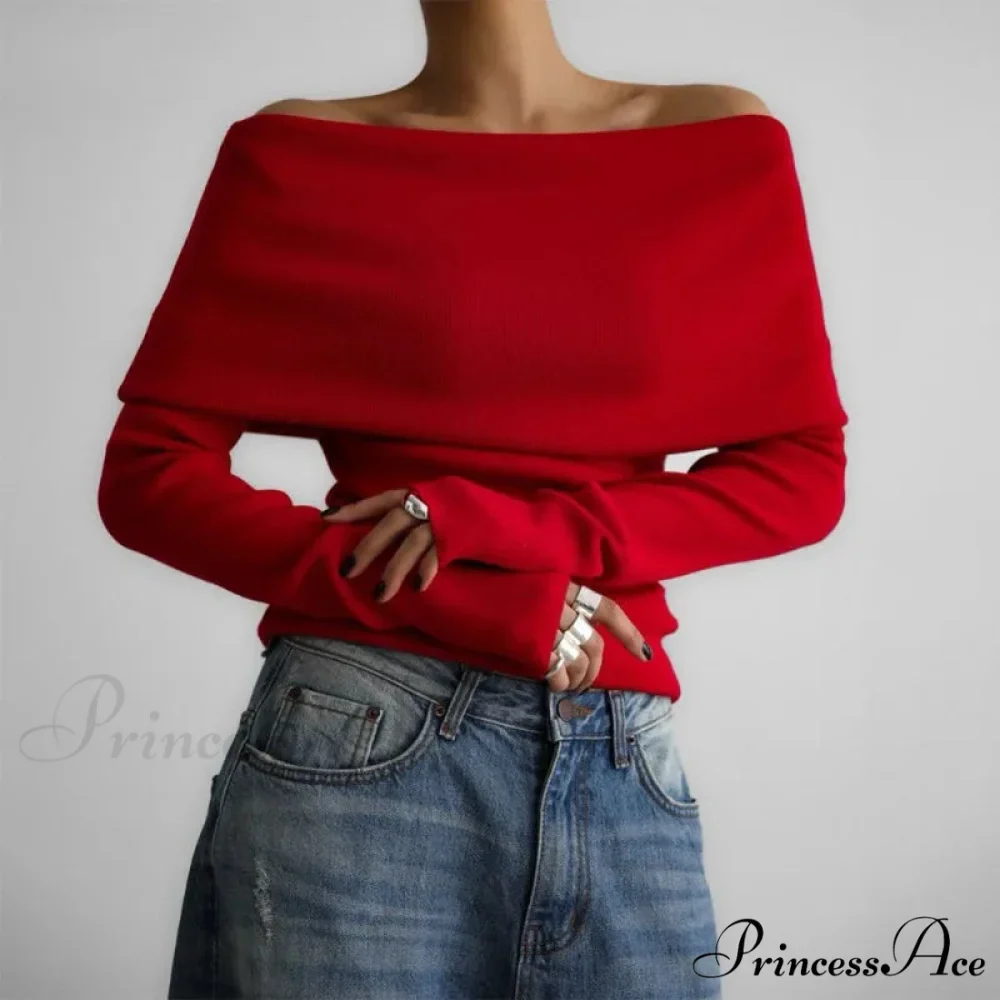 Off-The-Shoulder Monochrome Extended Sleeve Knitted Jumper - Image 7