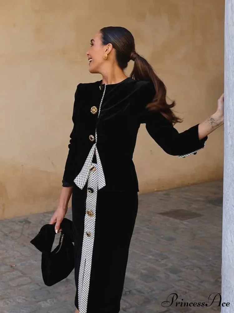 One Button Knee-Length Skirt Workplace Two Piece Ensemble - Image 3
