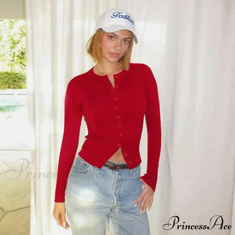 One Button Round Neck Full Sleeve Cropped Knit Cardigan - Image 4