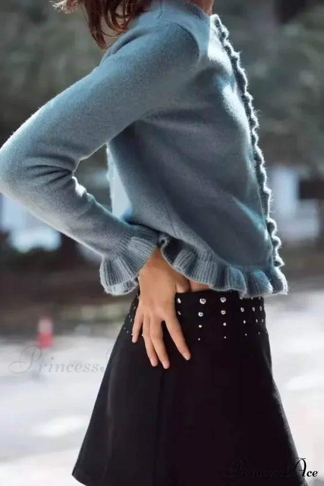 One Buttoned Frilled Circular Neck Cardigan - Image 2