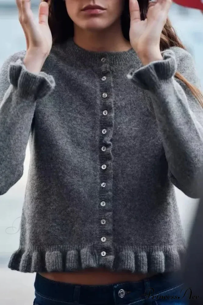One Buttoned Frilled Circular Neck Cardigan - Image 3