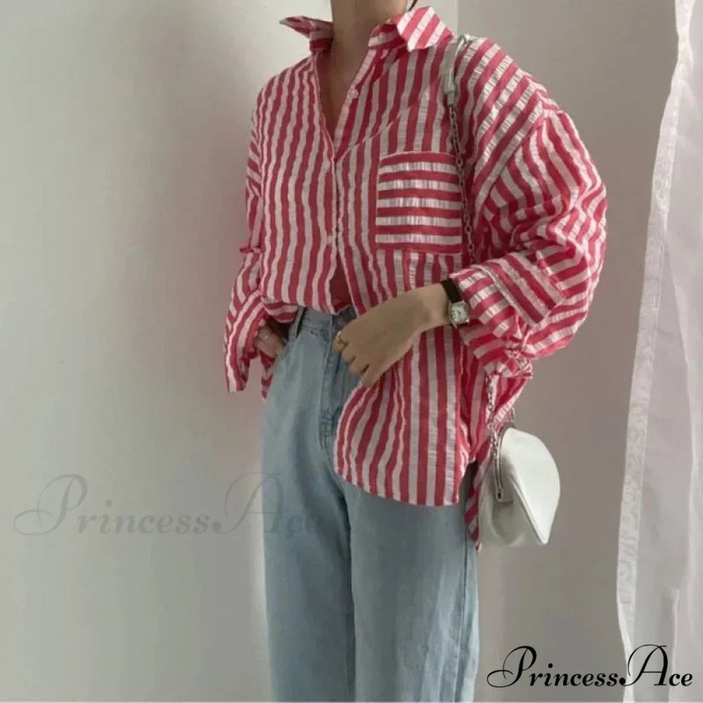 One-Buttoned Striped Lapel Collar Top - Image 2