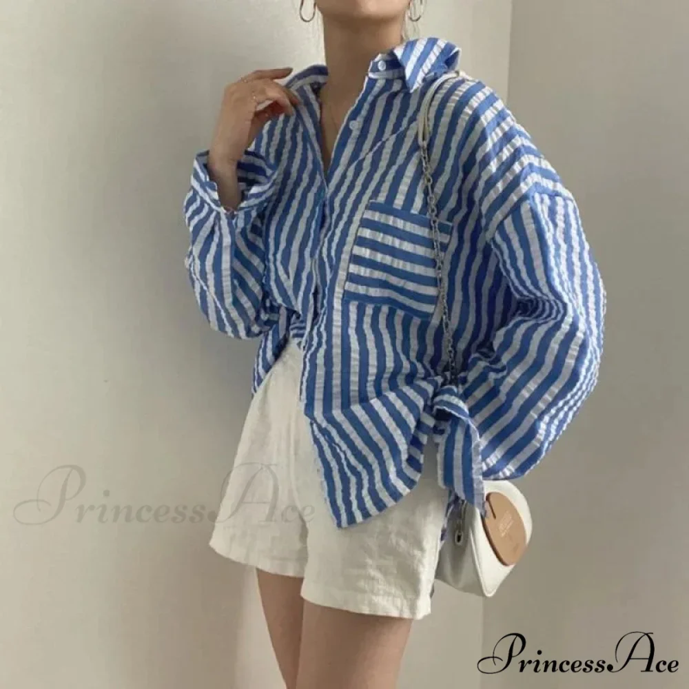 One-Buttoned Striped Lapel Collar Top - Image 3