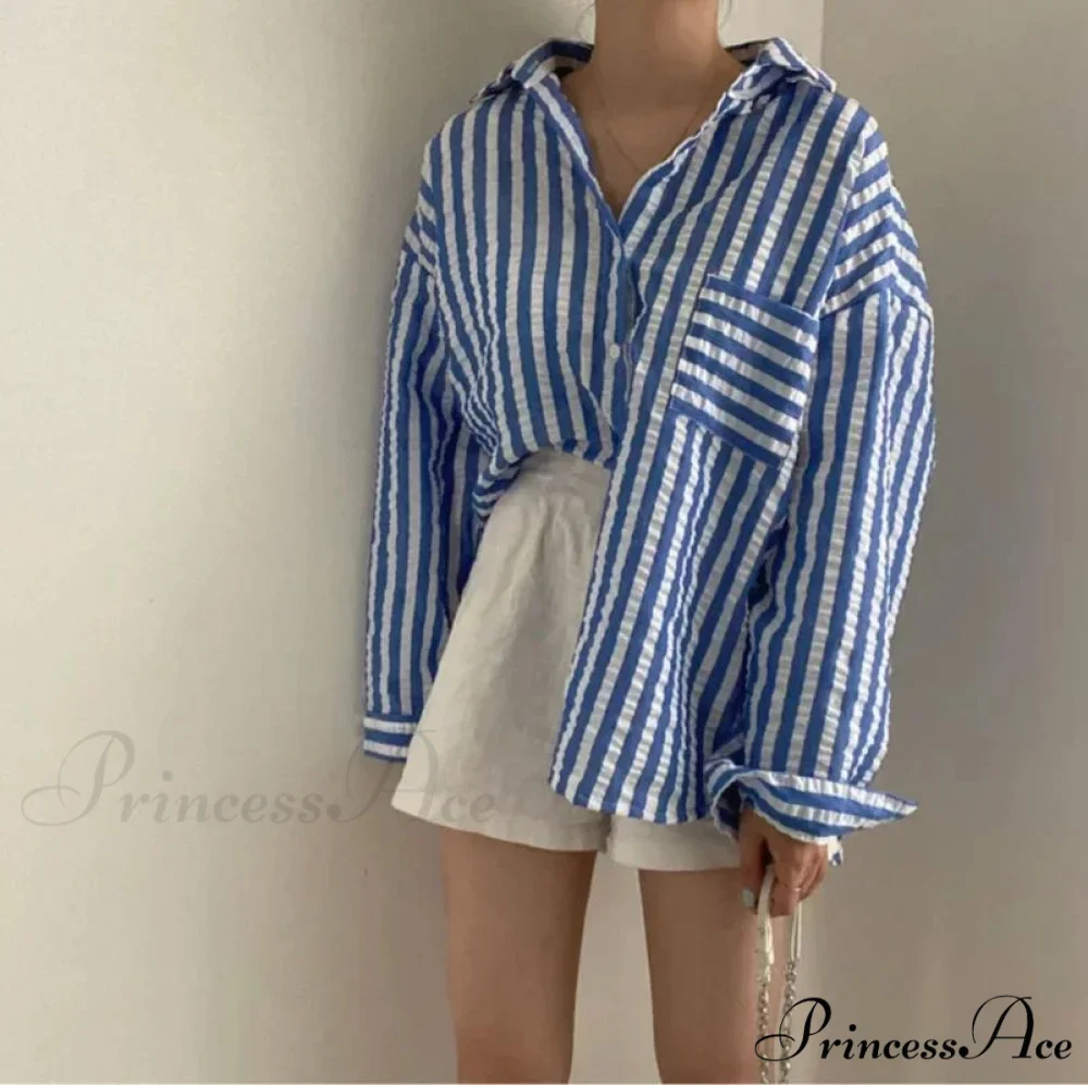 One-Buttoned Striped Lapel Collar Top - Image 5