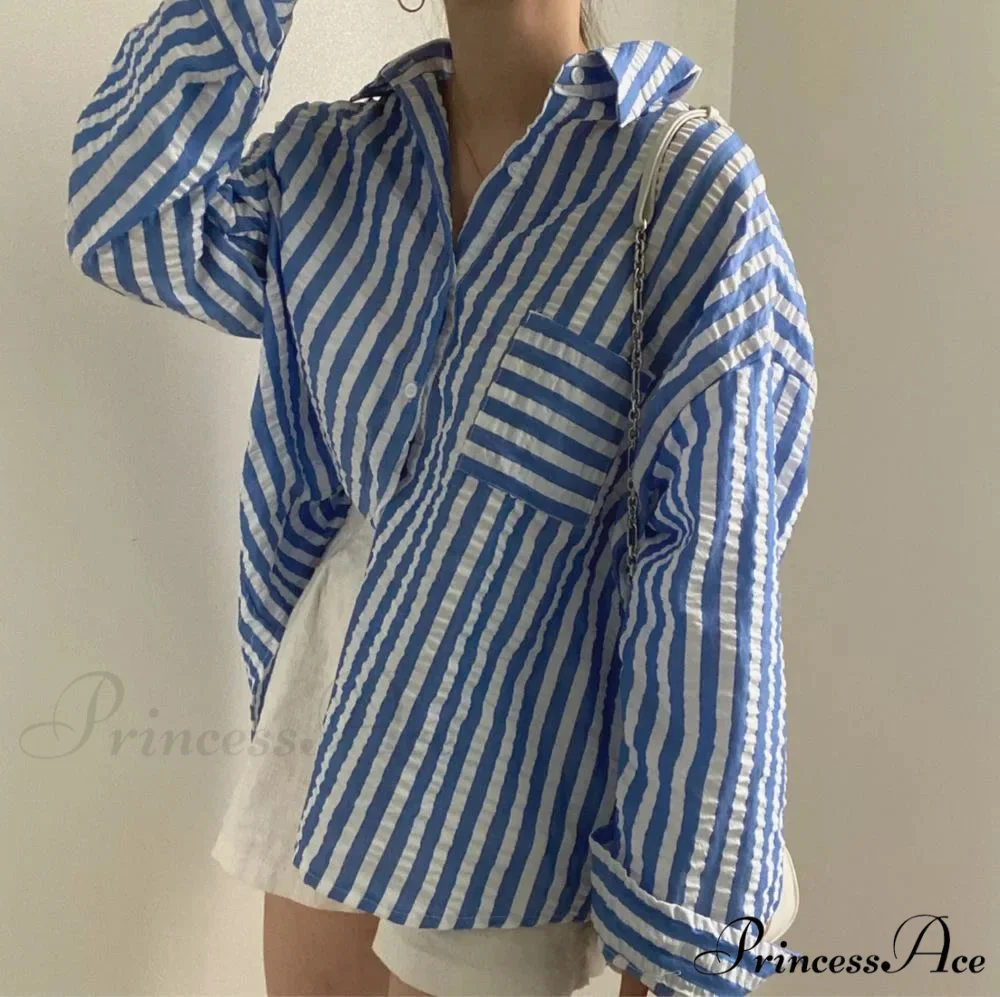 One-Buttoned Striped Lapel Collar Top - Image 6