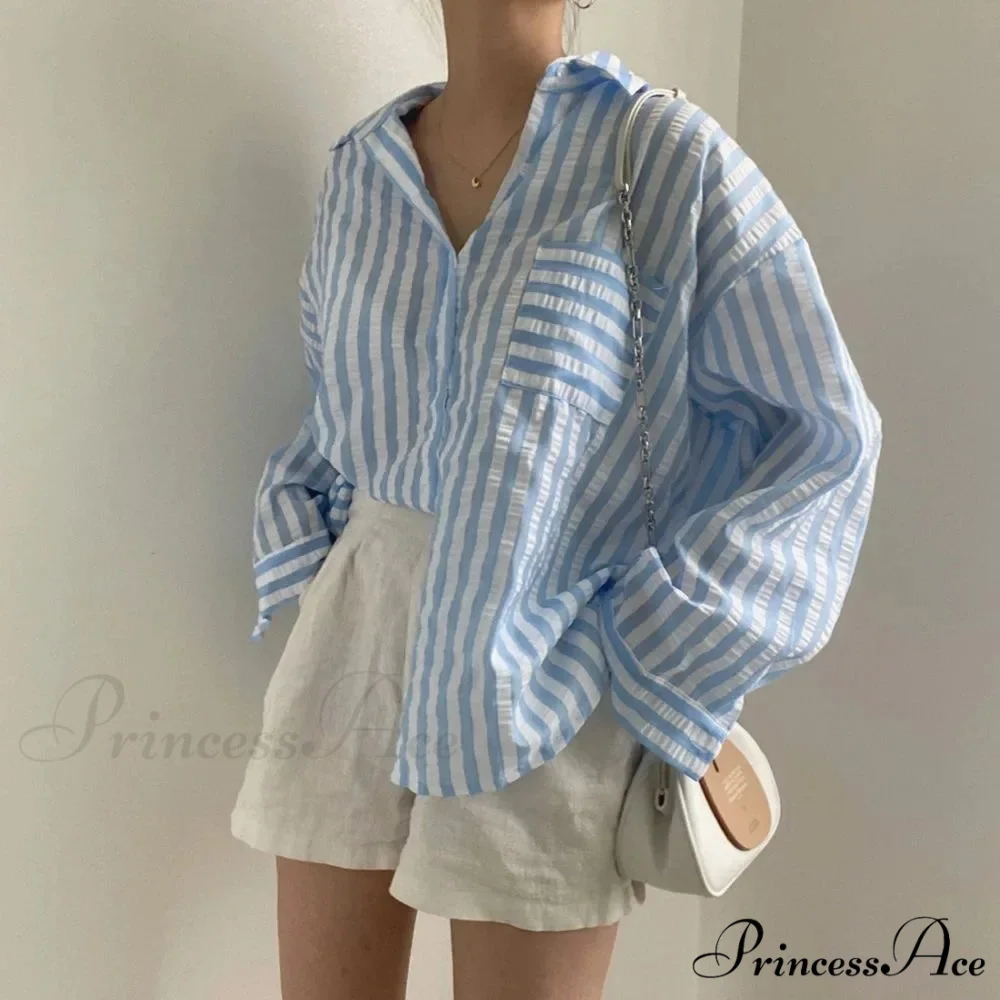 One-Buttoned Striped Lapel Collar Top - Image 7