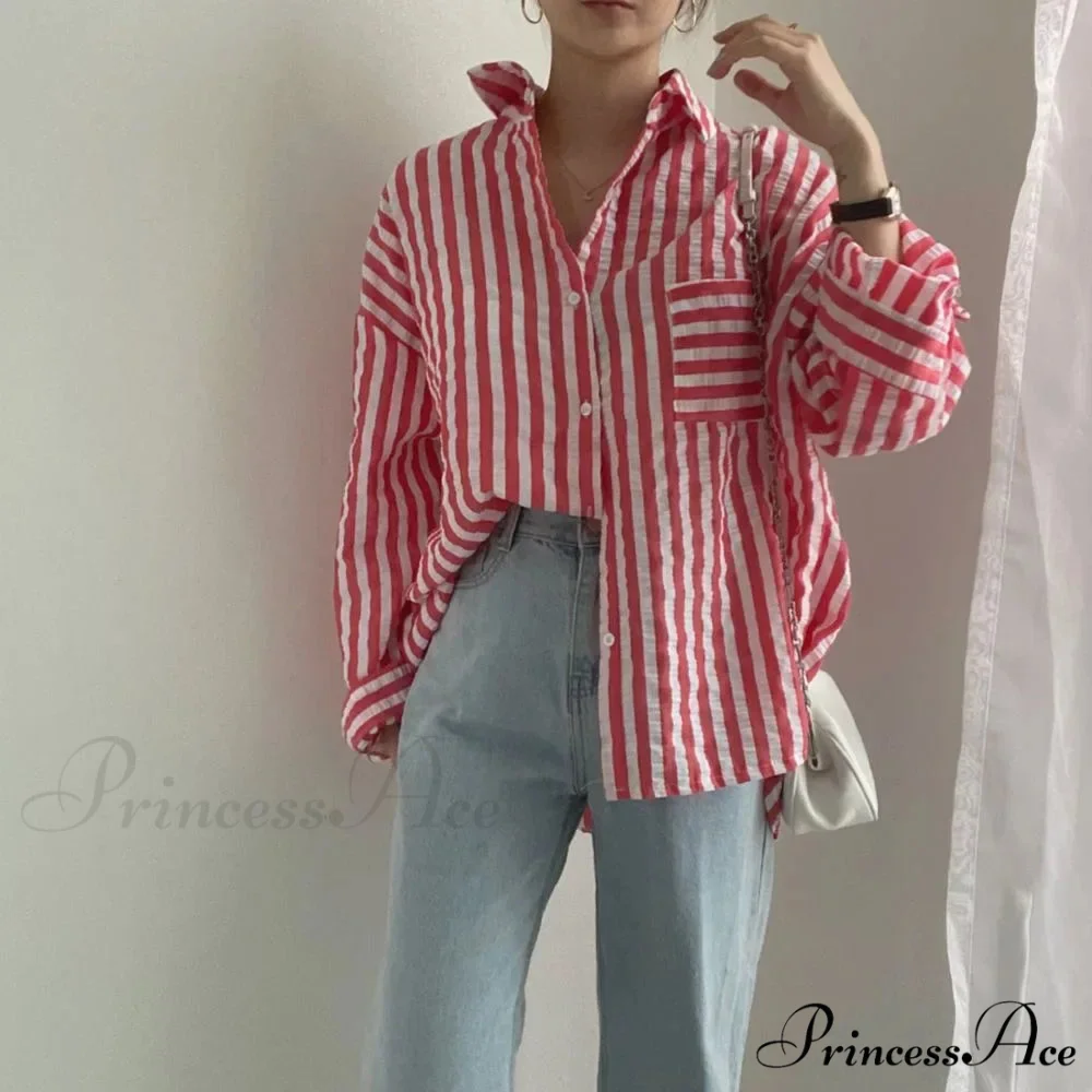 One-Buttoned Striped Lapel Collar Top - Image 8