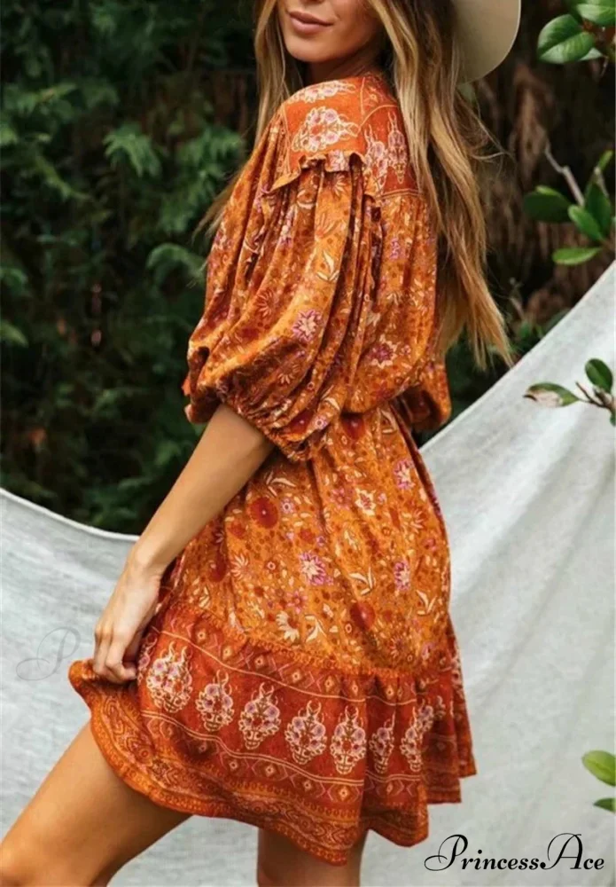 Orange Flowery Print Lantern Sleeve Fringe Rayon Mini Boho Dress - Image 2