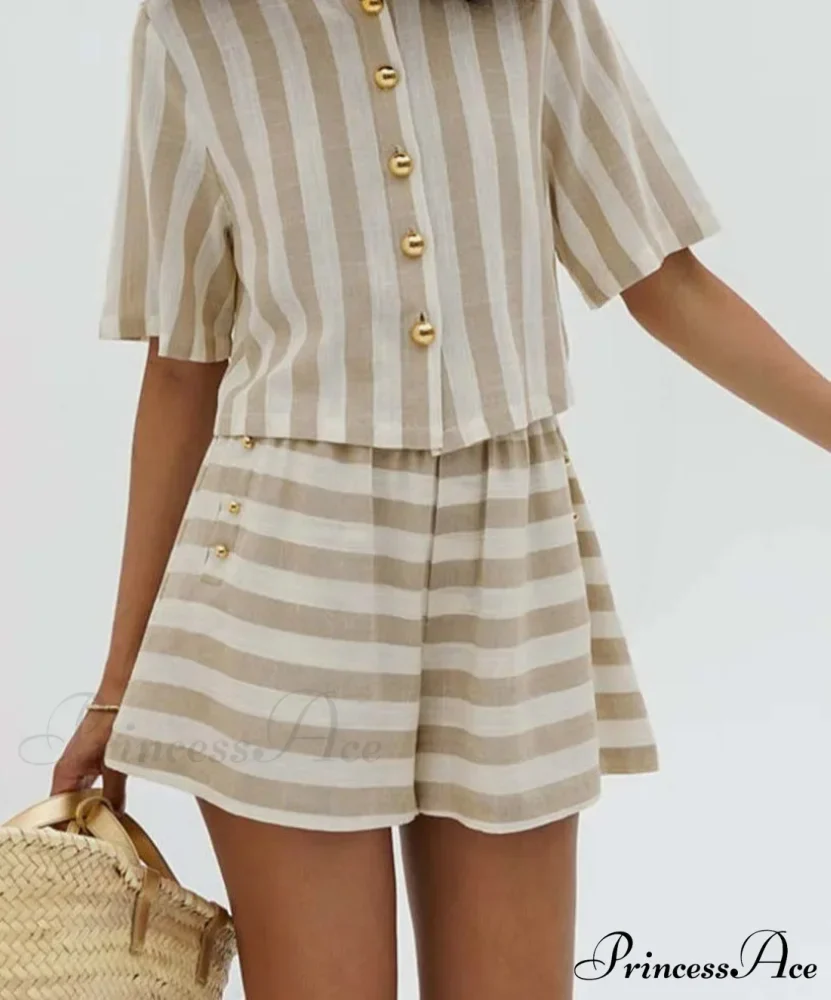 Orange Patterned Short Sleeve Shorts Workplace Two Piece Set - Image 2