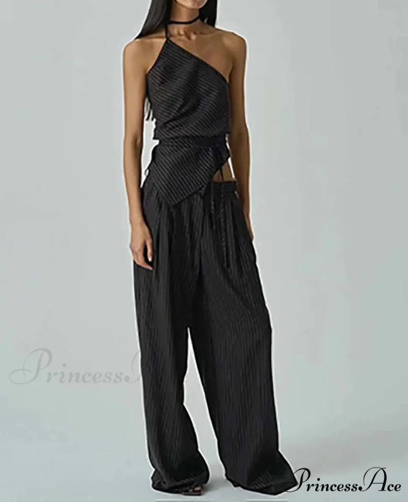 Orange Print Halter Lace-Up Trousers Workplace Two Piece Set - Image 3
