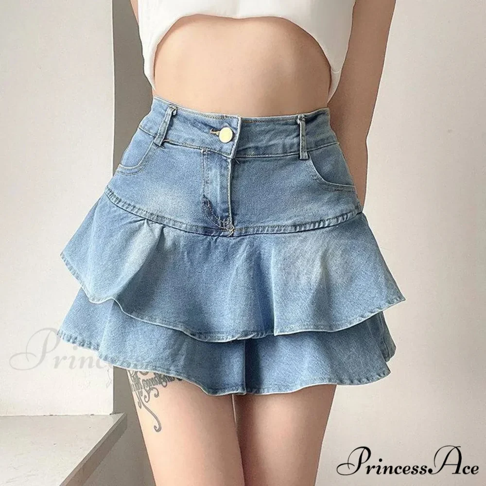 Pale Blue Frilled Denim Skirt - Image 2