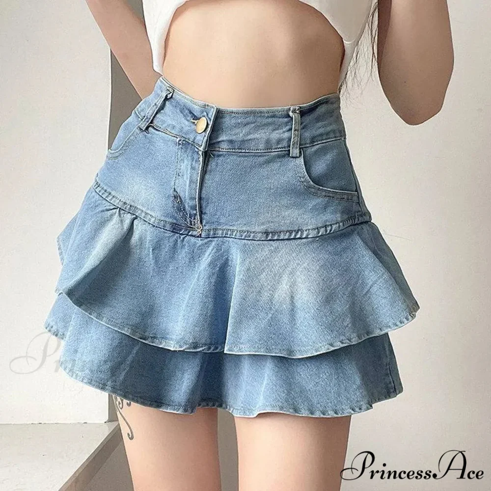 Pale Blue Frilled Denim Skirt - Image 3