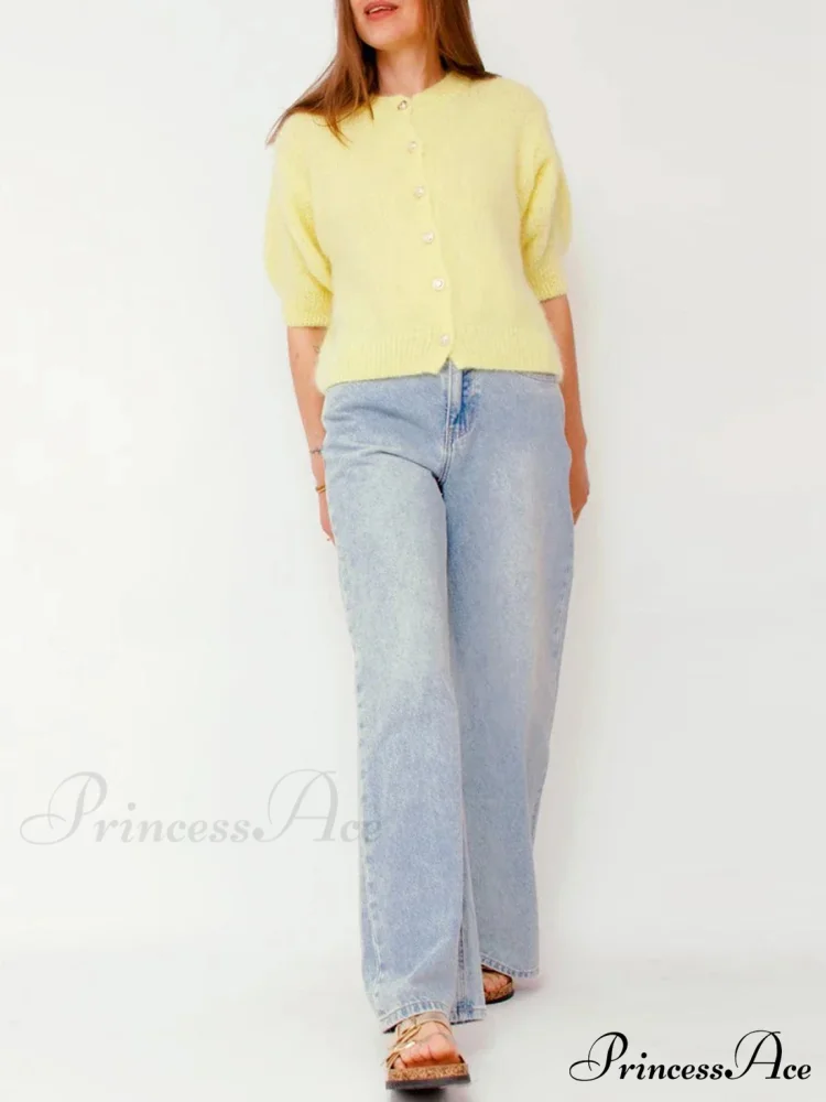 Partial Sleeve Round Neck Button-Up Knitted Cardigan - Image 2