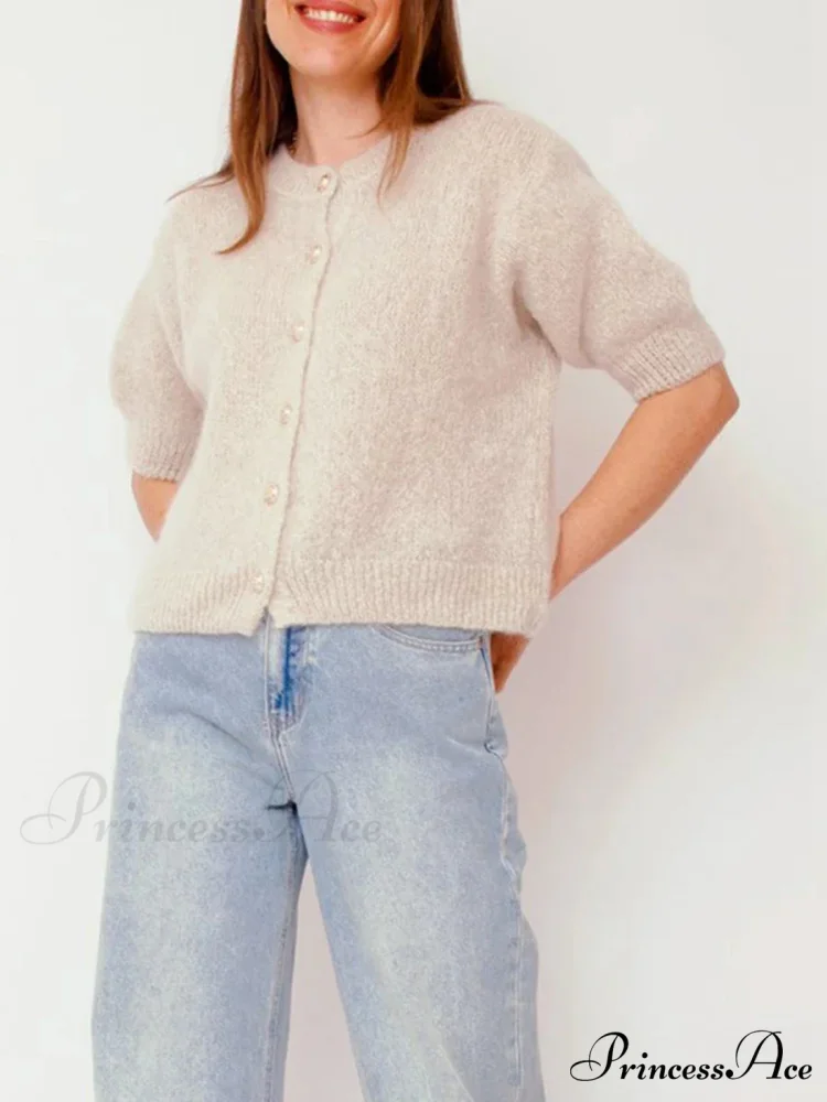 Partial Sleeve Round Neck Button-Up Knitted Cardigan - Image 3