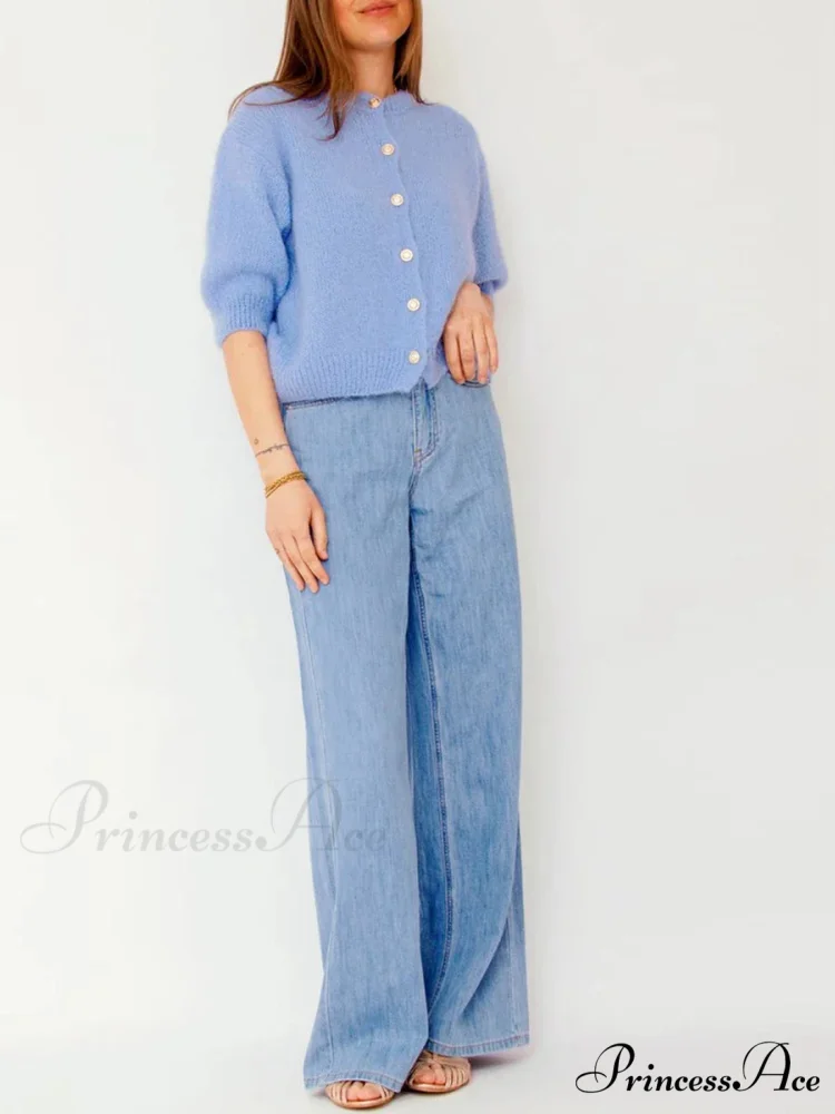 Partial Sleeve Round Neck Button-Up Knitted Cardigan - Image 4