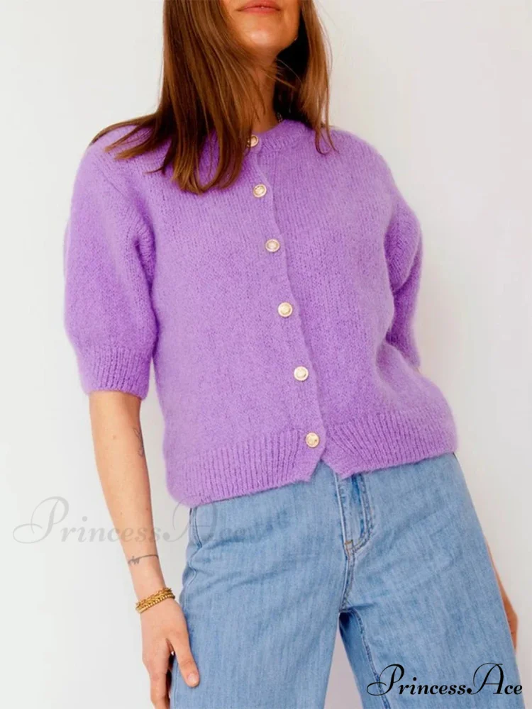 Partial Sleeve Round Neck Button-Up Knitted Cardigan - Image 5