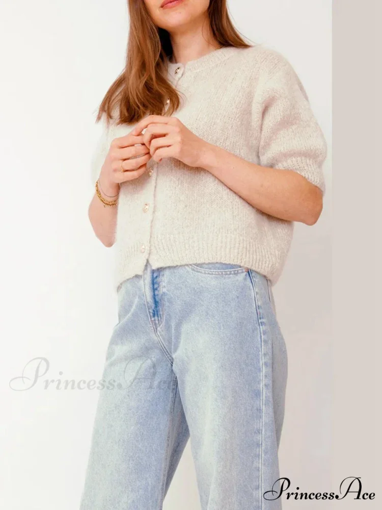Partial Sleeve Round Neck Button-Up Knitted Cardigan - Image 7