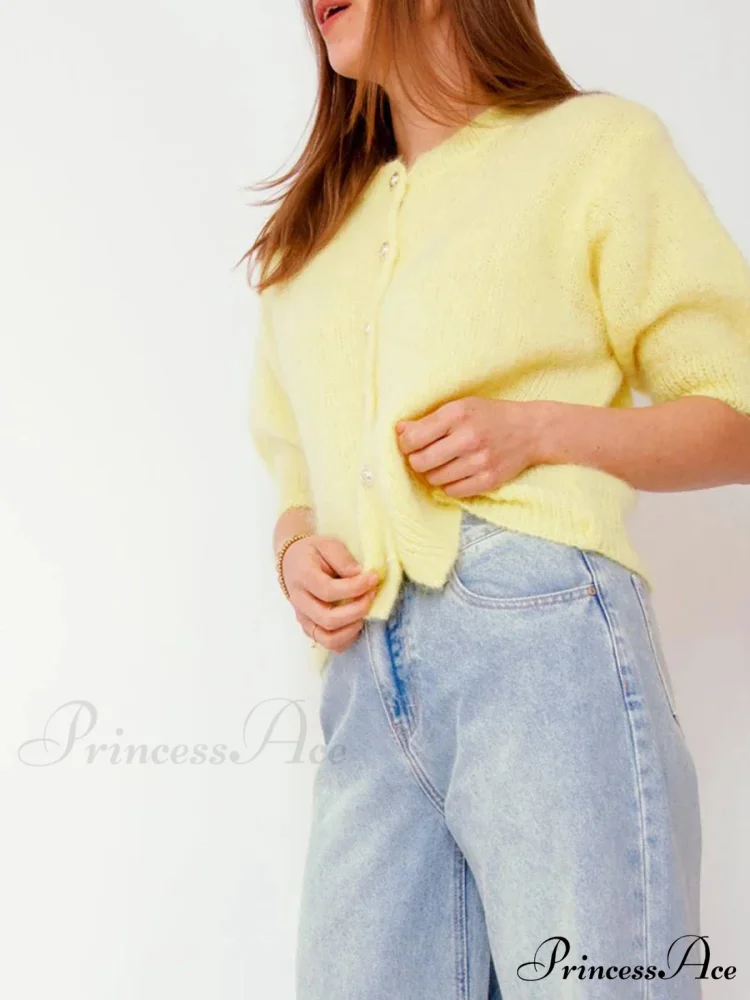 Partial Sleeve Round Neck Button-Up Knitted Cardigan - Image 8