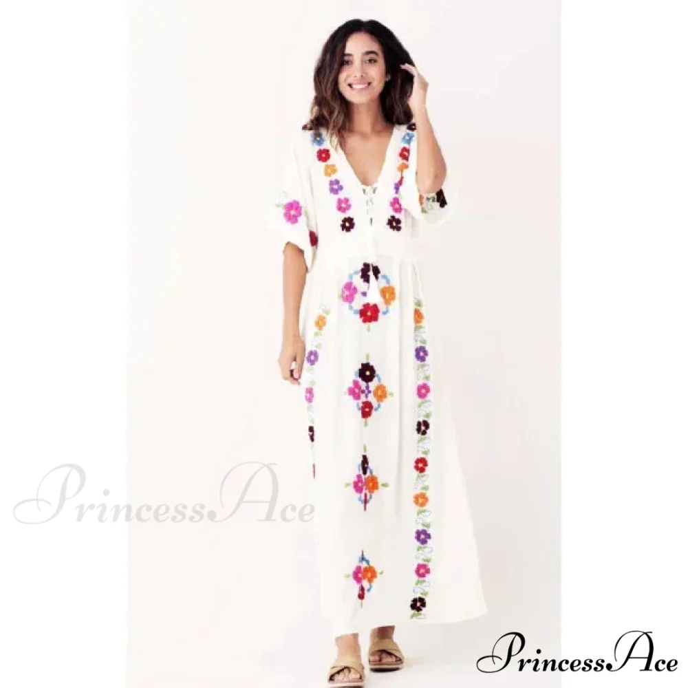 Passionate Floral Stitching Ivory Cotton Boho Dress - Image 2