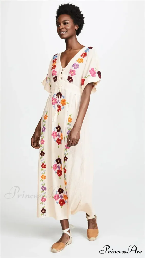 Passionate Floral Stitching Ivory Cotton Boho Dress - Image 3