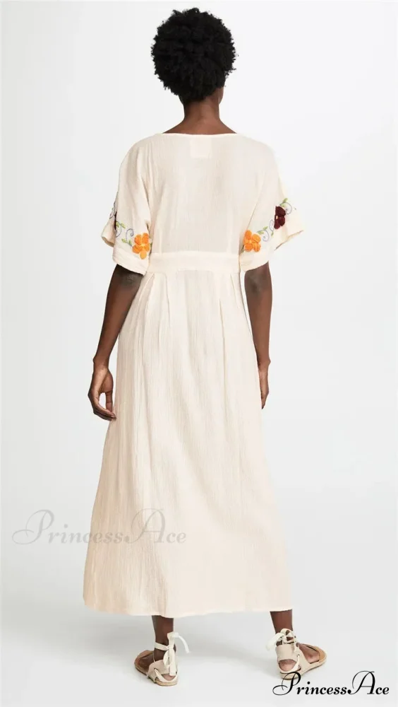 Passionate Floral Stitching Ivory Cotton Boho Dress - Image 4