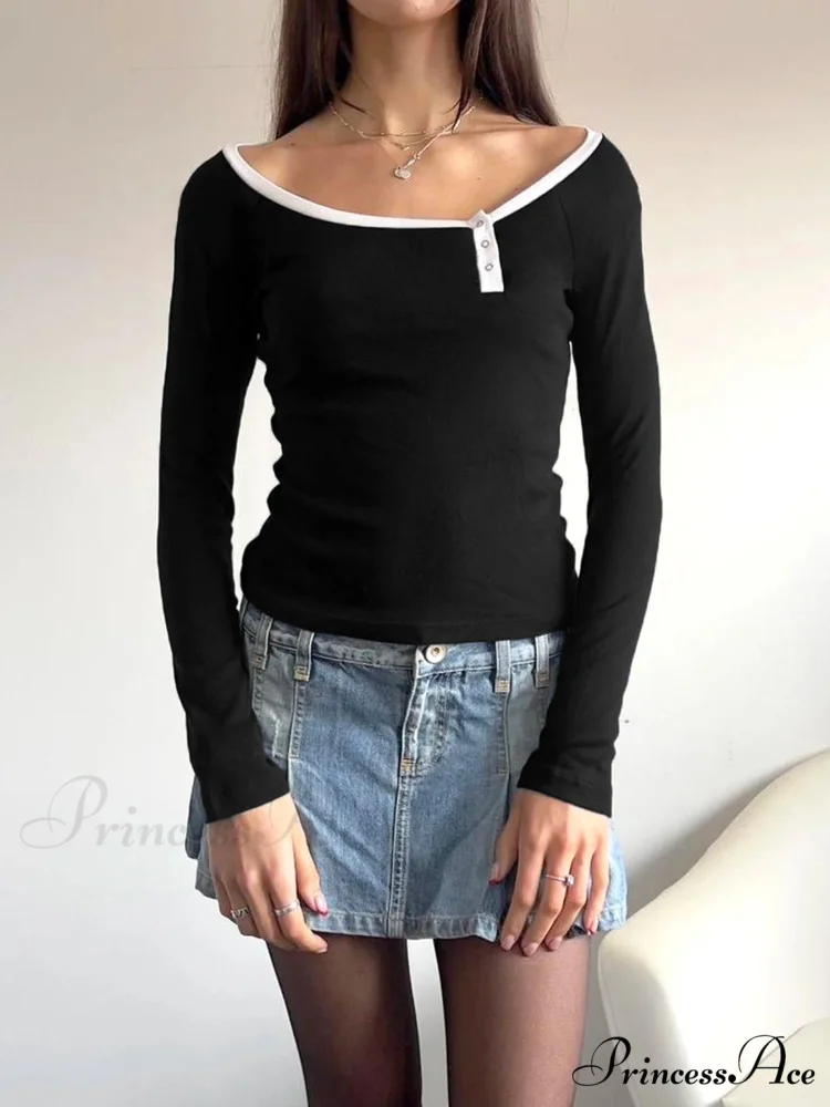 Patchwork Different Color Slim O-Neck Extended Sleeve Knit Top - Image 2
