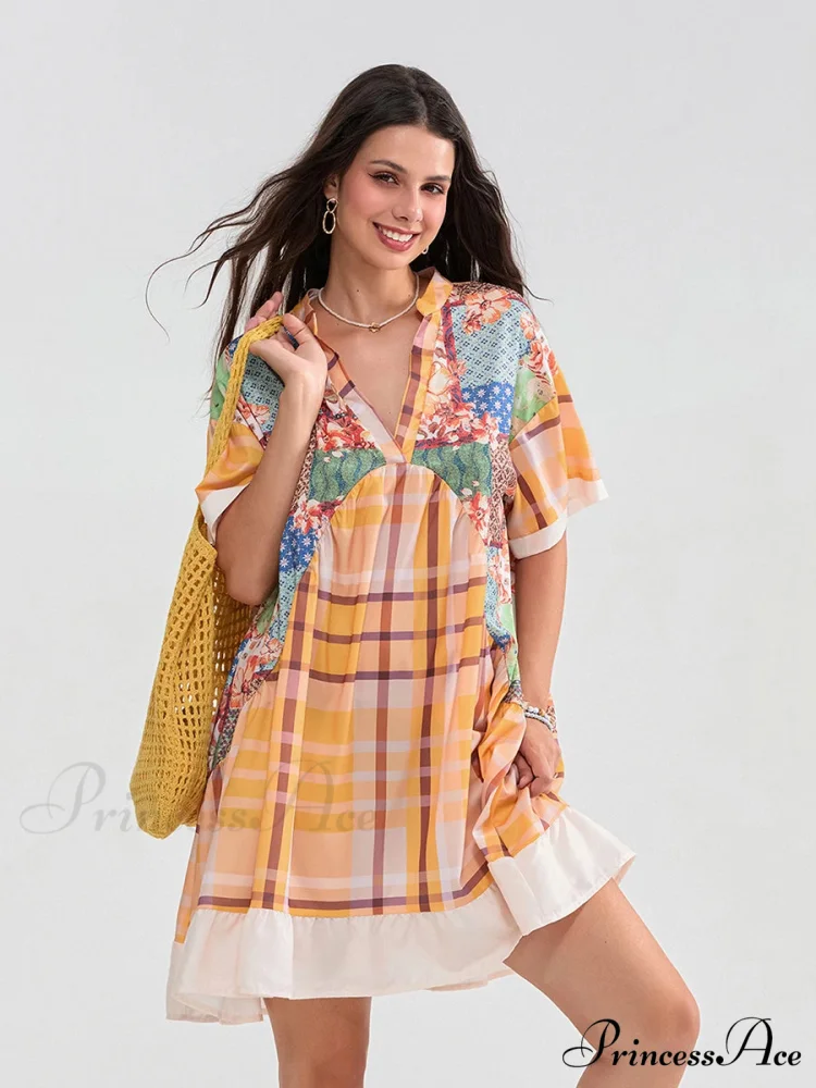 Patchwork Flowy V-neck Loose A-Line Mini Dress - Image 2