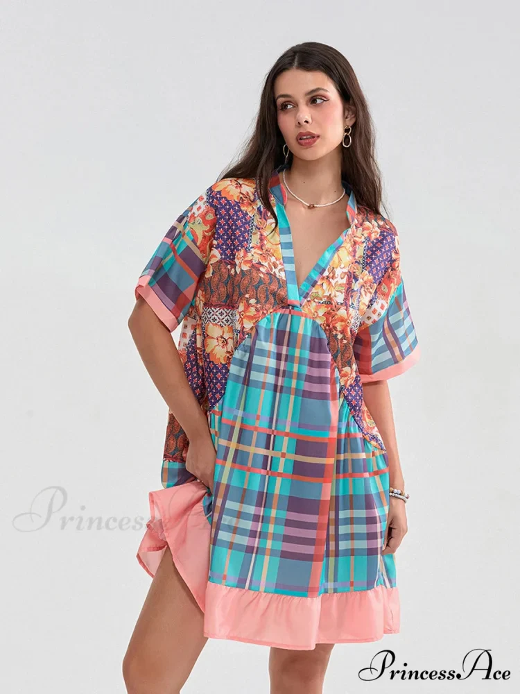 Patchwork Flowy V-neck Loose A-Line Mini Dress - Image 3