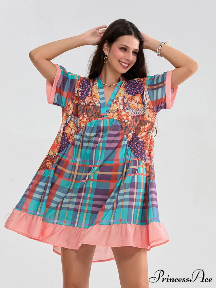 Patchwork Flowy V-neck Loose A-Line Mini Dress - Image 4