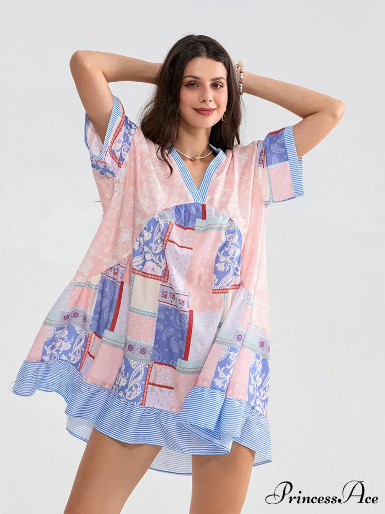 Patchwork Flowy V-neck Loose A-Line Mini Dress - Image 5