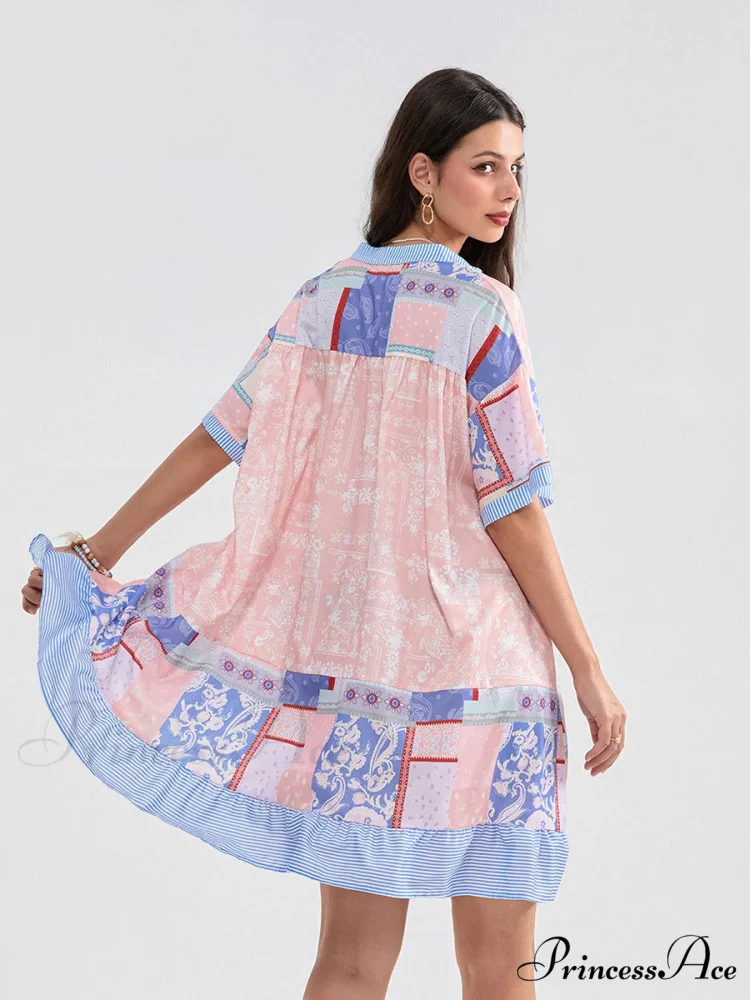 Patchwork Flowy V-neck Loose A-Line Mini Dress - Image 6