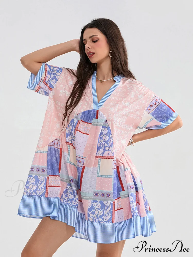 Patchwork Flowy V-neck Loose A-Line Mini Dress - Image 7