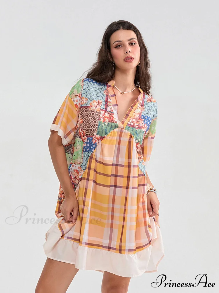 Patchwork Flowy V-neck Loose A-Line Mini Dress - Image 8