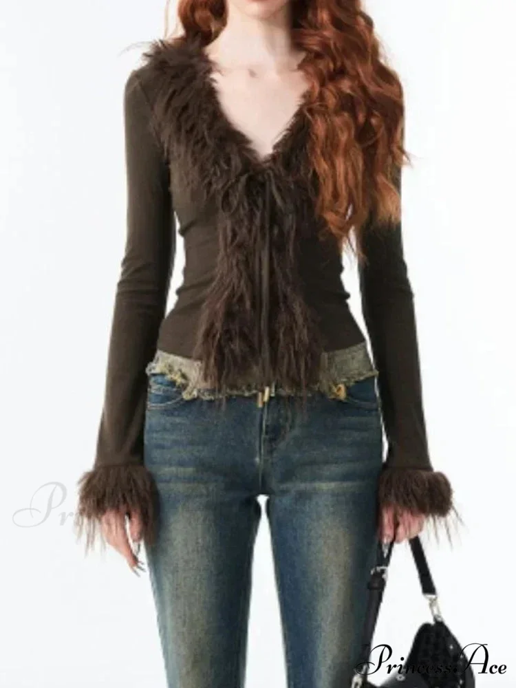 Patchwork Furry V-Neck Cardigan - Image 2