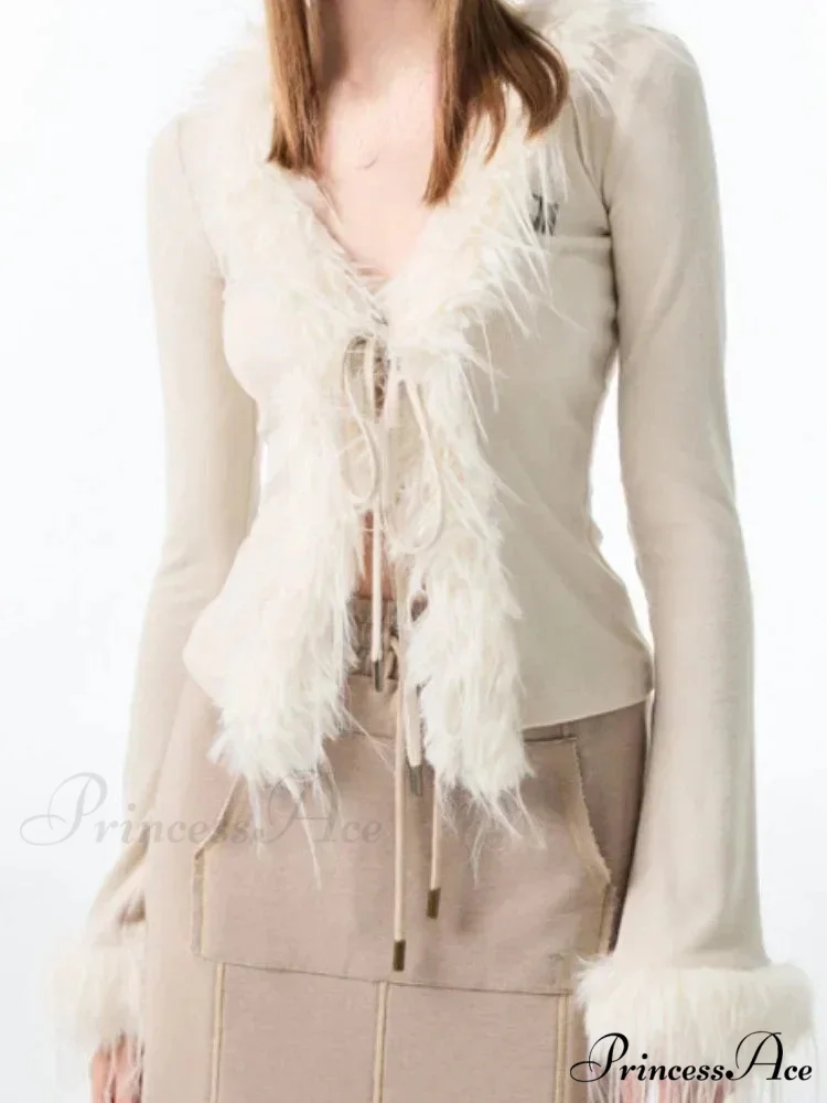 Patchwork Furry V-Neck Cardigan - Image 3