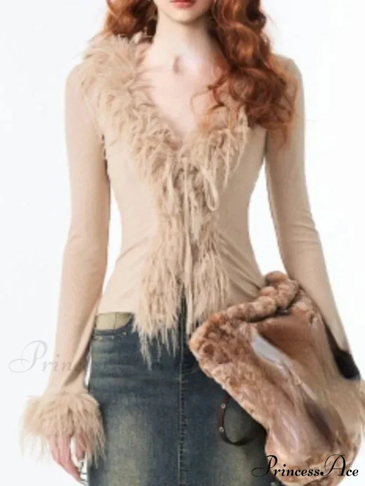 Patchwork Furry V-Neck Cardigan - Image 4