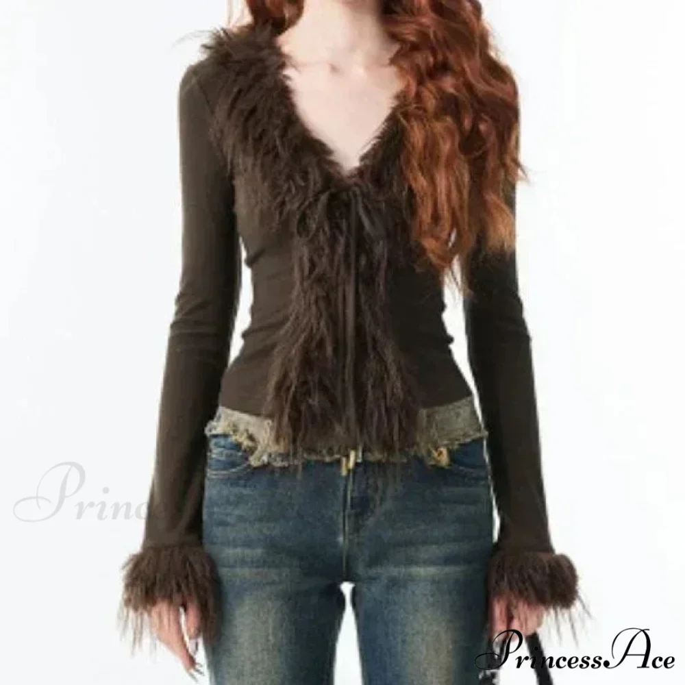Patchwork Furry V-Neck Cardigan - Image 5