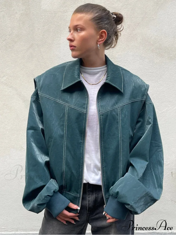 Patchwork Synthetic Leather Brief Jacket - Image 9
