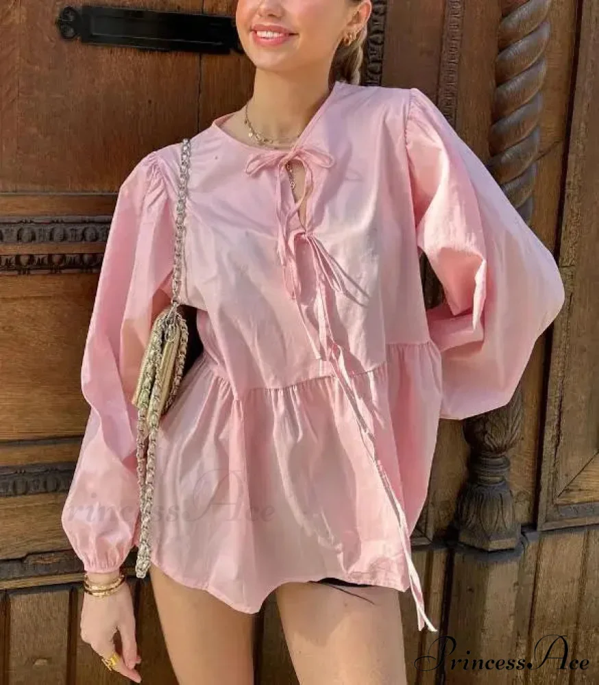 Patterned Baggy Lace-Up Circular Neck Blouse - Image 10