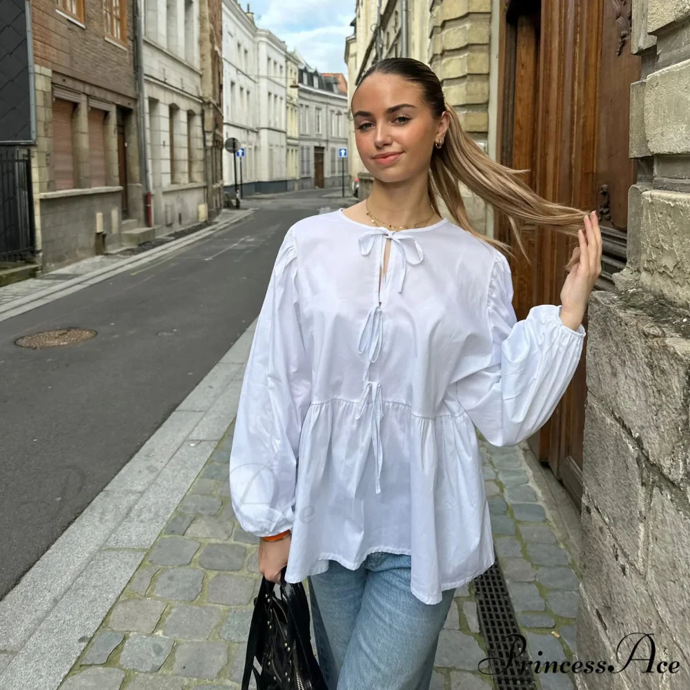 Patterned Baggy Lace-Up Circular Neck Blouse - Image 12