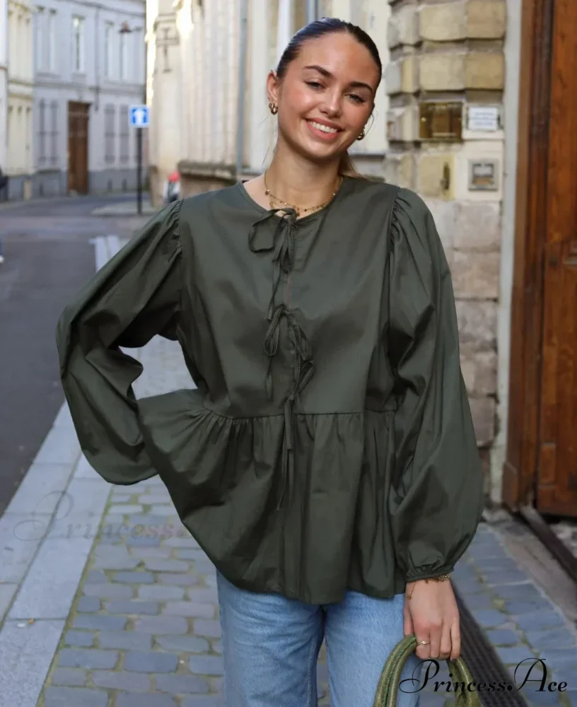 Patterned Baggy Lace-Up Circular Neck Blouse - Image 14
