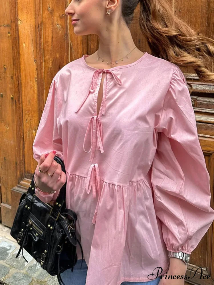 Patterned Baggy Lace-Up Circular Neck Blouse - Image 3