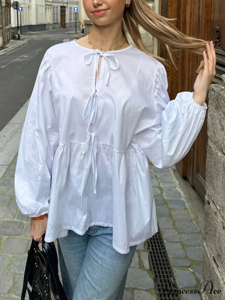 Patterned Baggy Lace-Up Circular Neck Blouse - Image 5
